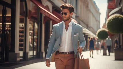 a handsome model man walking with shopping bags buying clothes in stores on a italian street. fashionable guy. taken from front. full height. perfect for a advertisement. Generative AI	