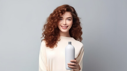 Young girl with curly hair holding a cosmetic bottle with an empty design. Curly hair shampoo mockup, copy space.  - obrazy, fototapety, plakaty