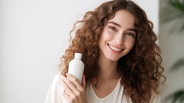 Young Girl With Curly Hair Holding A Cosmetic Bottle With An Empty Design. Curly Hair Shampoo Mockup, Copy Space. 