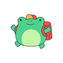 Cute green frog with a backpack. Vector illustration in a flat style.