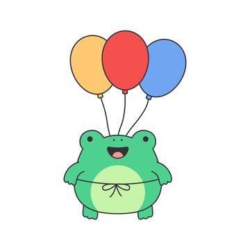 Frog with balloons. Cute cartoon character. Vector illustration.