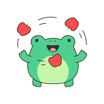 Cute frog with apples. Vector illustration in doodle style.