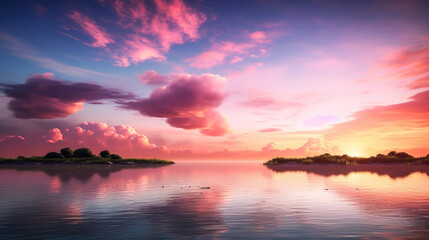Pink Sunset A Picturesque Landscape of River and Sky with Pink Clouds and Reflections