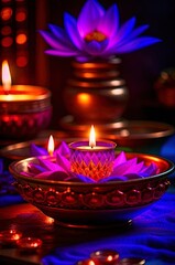 Lotus flowers and glowing oil lamps