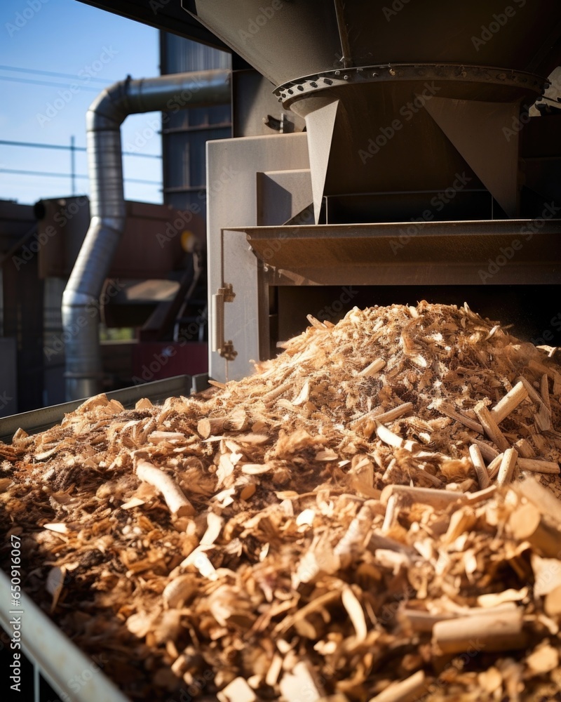 Poster detailed close up a biomass processing unit with a close view of the various stages of the biomassto