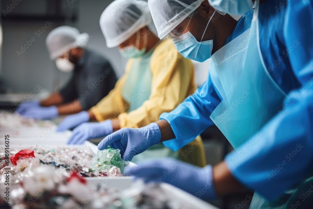 Aufkleber closeup image of a team of workers meticulously sorting and segregating different types of waste mat