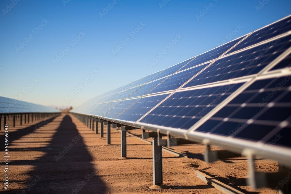 Poster close up shot a series of solar panels installed on a vast field adjacent to the processing center, 