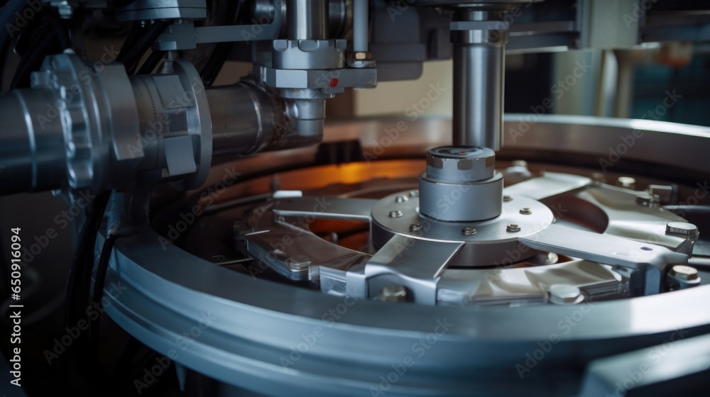Poster closeup shot of a centrifuge machine inside the facility, zooming in on a rotating drum that separat
