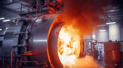 Detailed image of a hightech incinerator unit in the plant, featuring a massive cylindrical chamber with heatresistant walls. Flames can be seen fiercely burning waste inside, generating - obrazy, fototapety, plakaty