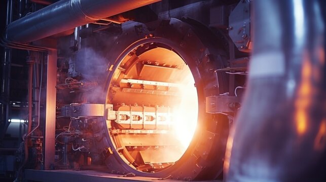 Detailed close up An advanced wastetoenergy plants interior, capturing the intricacies of the combustion chamber where waste materials are burned to produce heat and electricity.