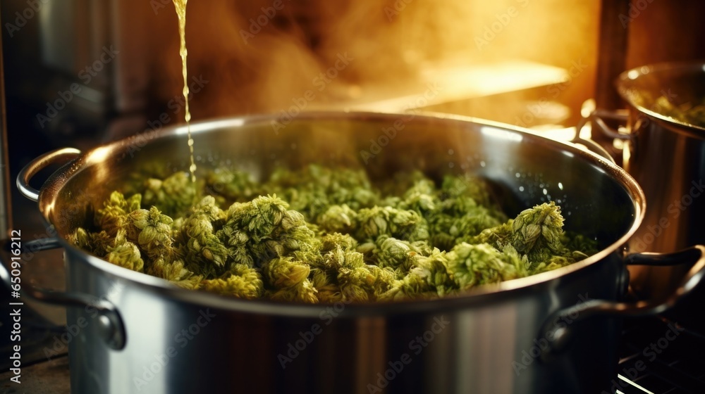 Aufkleber a closeup shot of brewers meticulously measuring and adding precise amounts of hops into a boiling k