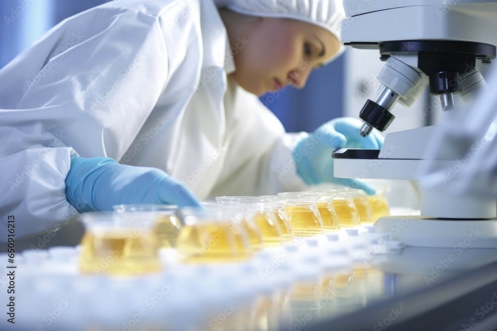 Poster zoomedin scene of a lab technician using a microscope to examine yeast samples taken from fermentati