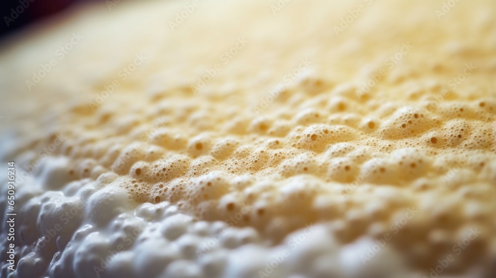 Poster macro shot of a fermentation tank, covered in a thick layer of frothy foam produced during the ferme