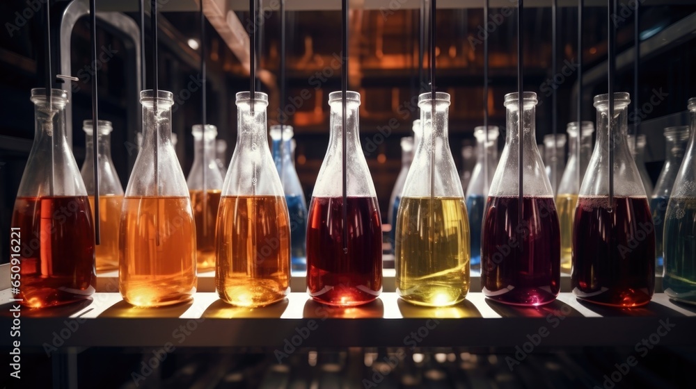 Aufkleber detailed image of a row of glass fermentation vessels, each with a different stage of the fermentati