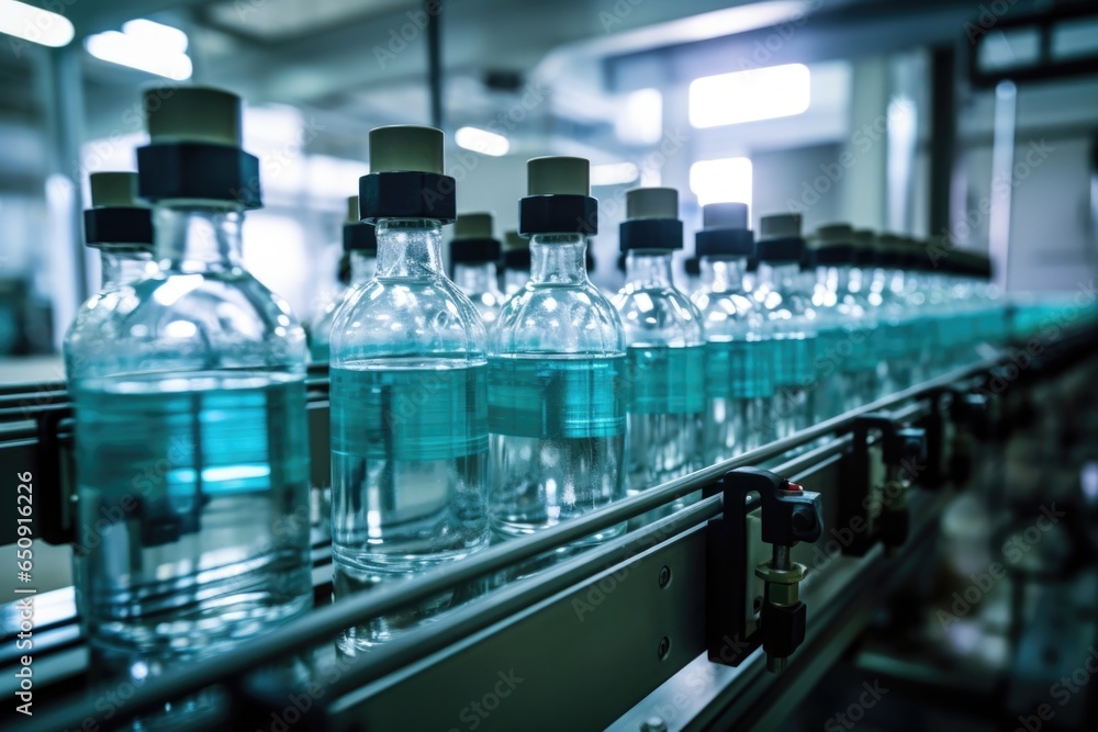 Aufkleber a detailed view of a bottling machine in action, showcasing the swift movement of bottles along a co