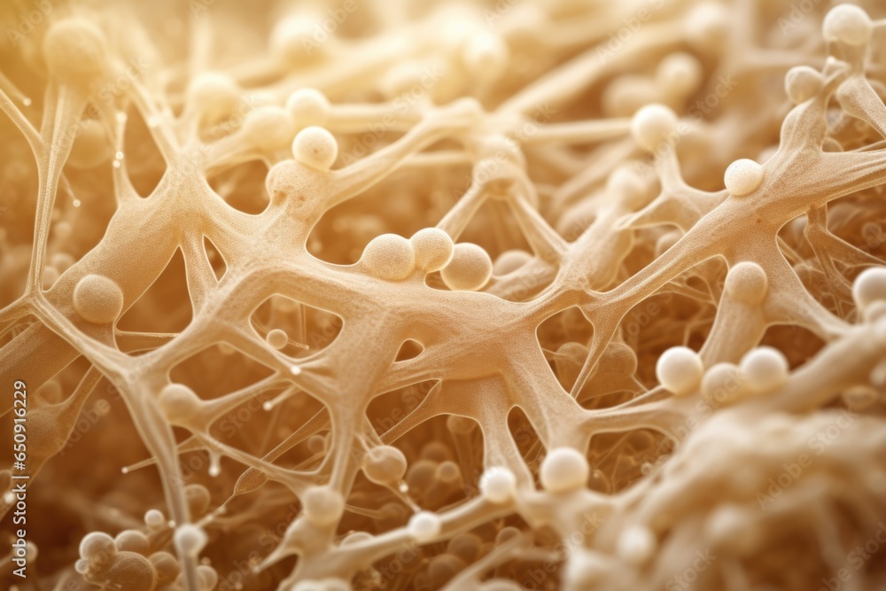 Poster macro shot of brewers yeast, magnified under a microscope, displaying the intricate cell structures 