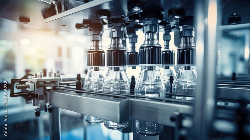 Aufkleber closeup shot of a stateoftheart bottling machine, precisely filling multiple bottles simultaneously,