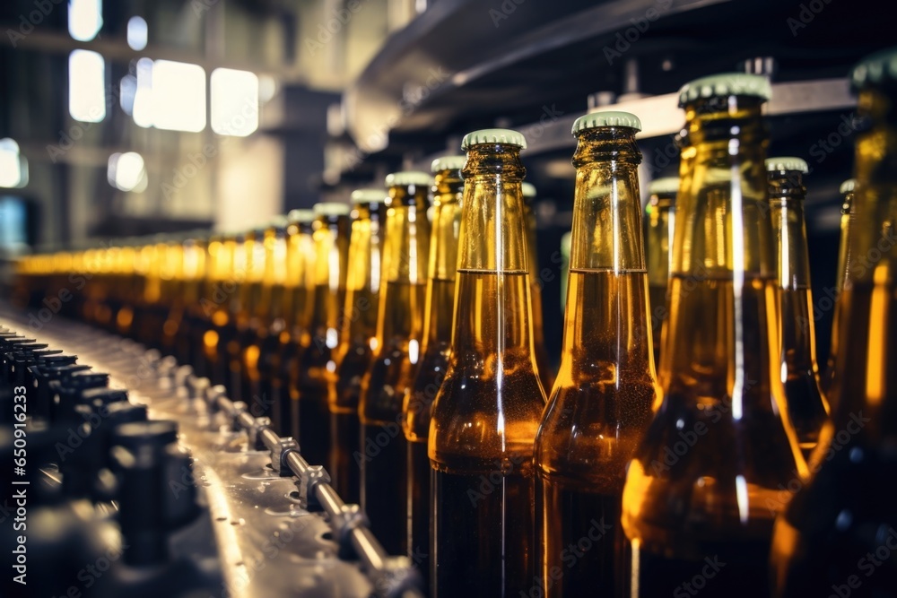 Poster focusing on the bottling line, the scene captures a moment when empty beer bottles are quickly being