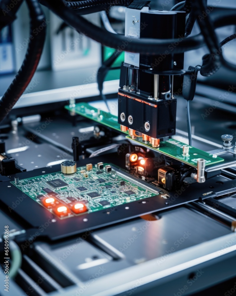 Aufkleber zoomedin view of an automated optical inspection aoi machine scanning a fully assembled pcb to detec