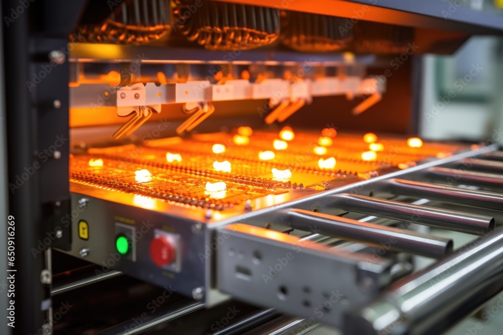 Aufkleber closeup view of a reflow oven, showcasing a pcb loaded with components passing through the ovens hea