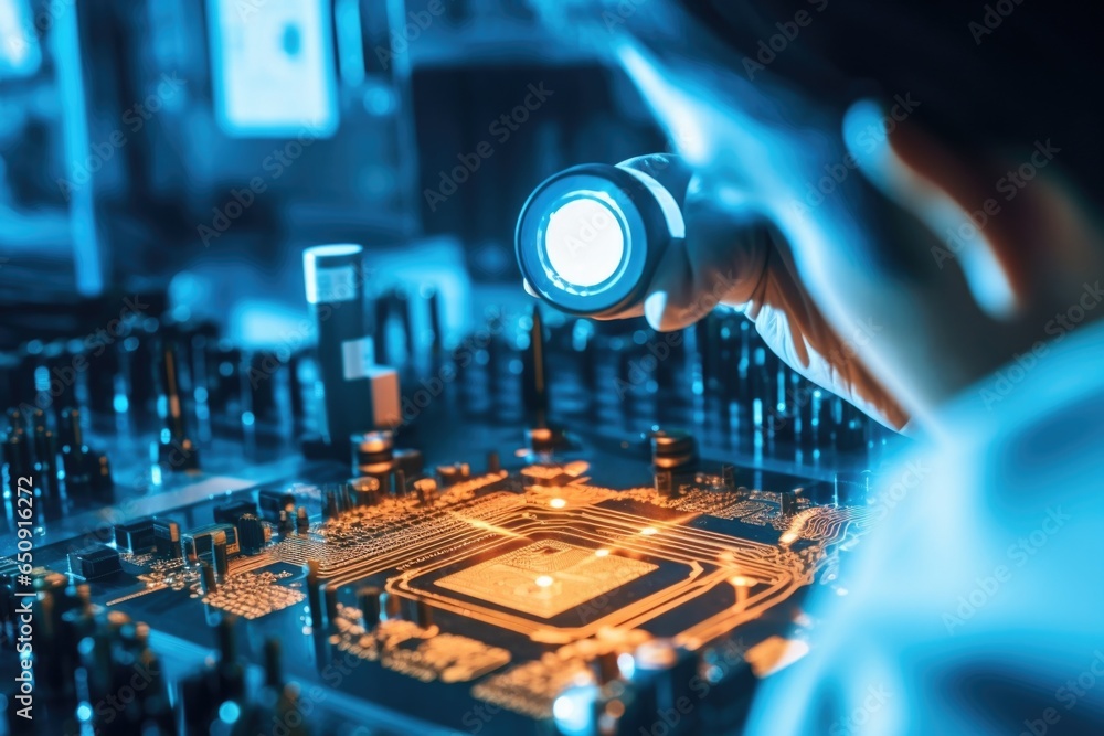 Aufkleber a worker using a magnifying visor to inspect a populated pcb for any defects or anomalies, ensuring 