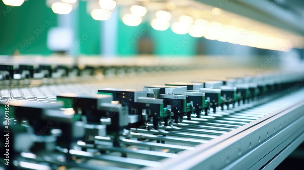 Poster a conveyor belt system transporting pcbs through different assembly stations, with various specializ
