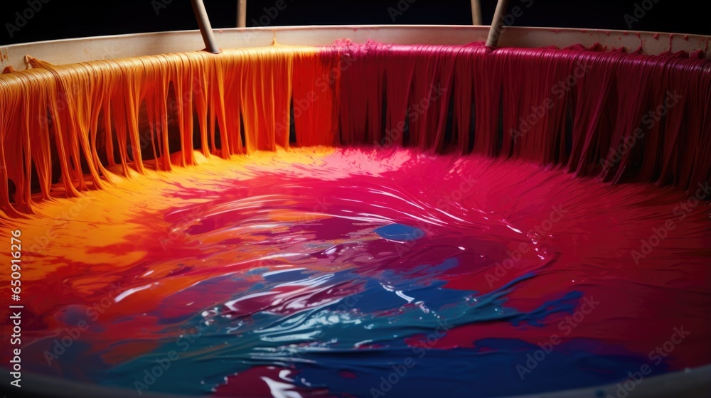 Poster a detailed shot of a large dyeing vat, filled with vibrant pigments that are being absorbed by a rol