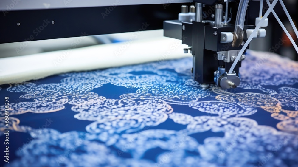 Poster an upclose shot of a garment pattern being digitally printed onto fabric. a large printer precisely 