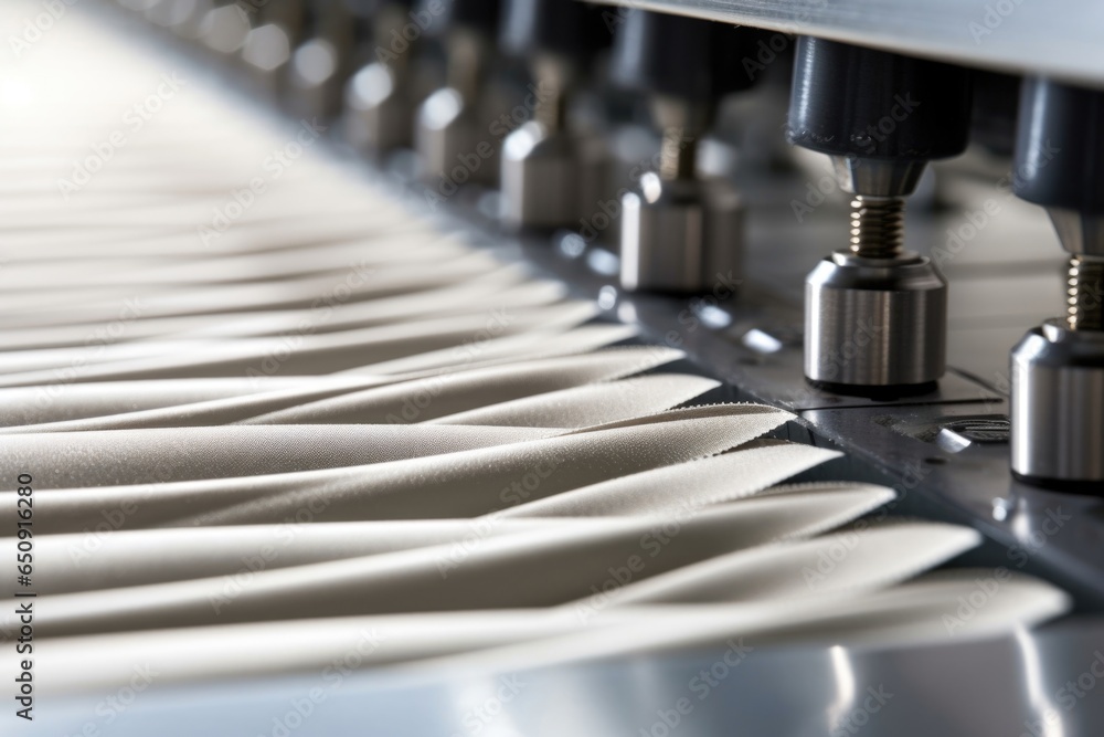 Aufkleber an upclose scene of a fabric ting table, displaying a row of sharp rotary blades poised to swiftly g