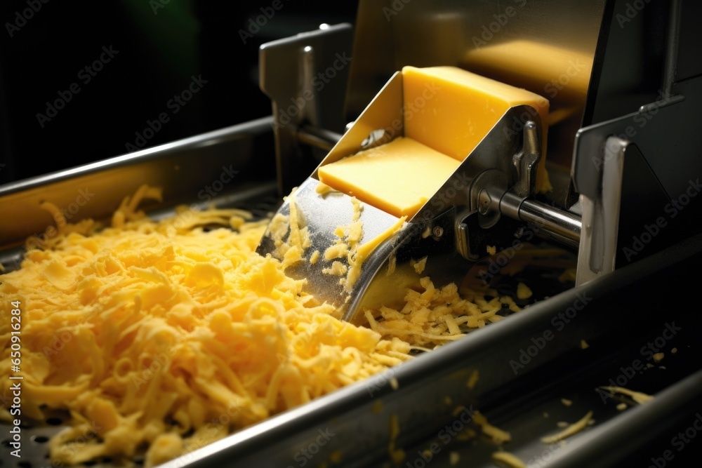 Aufkleber detailed shot of a robust machine equipped with sharp blades, shredding blocks of cheddar cheese int
