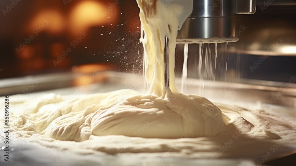 Poster closeup of a dough kneading machine effortlessly combining and refining a mixture of flour, water, a