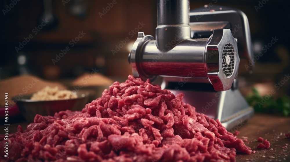 Poster detailed image capturing the intricate internal mechanisms of a meat grinder, efficiently processing