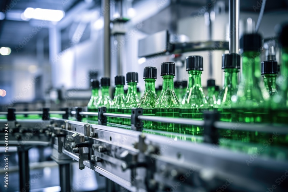 Poster detailed view of a fully automated bottling line, with bottles being filled, capped, and labeled wit