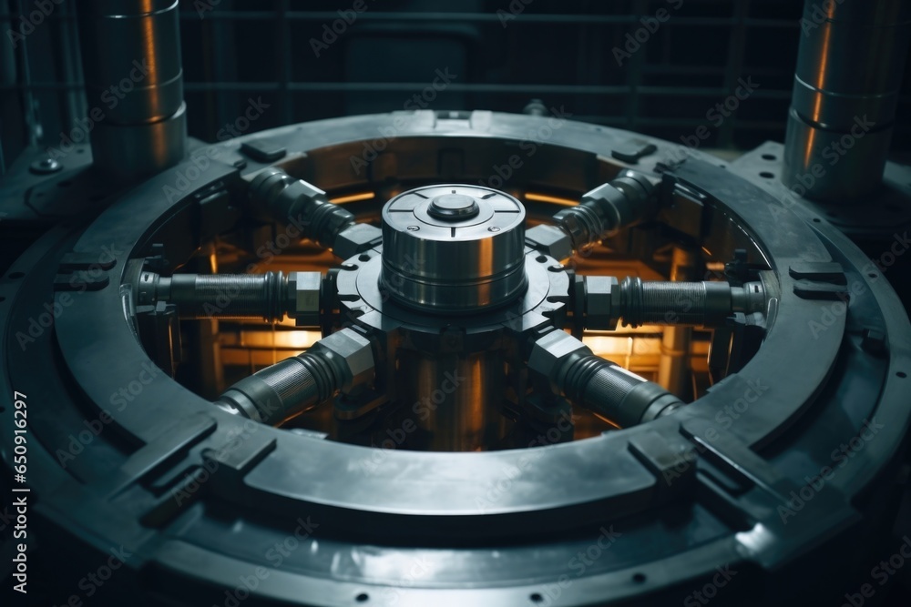 Poster closeup image of a stirring mechanism inside a reactor vessel. the mechanism consists of rotating bl
