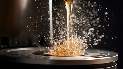 Detailed shot capturing the precise moment a carbonation stone releases tiny bubbles into a fermenting tank, adding the perfect amount of fizz to the beer. The bubbles shimmer and dance,