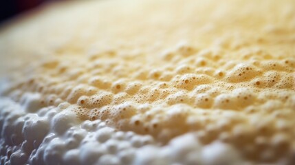 Macro shot of a fermentation tank, covered in a thick layer of frothy foam produced during the fermentation process.