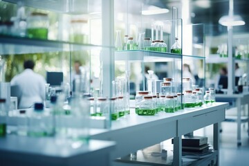 A detailed image of a contemporary research and development lab within the facility reveals shelves filled with glass beakers, test tubes, and other lab equipment. Scientists in lab coats - obrazy, fototapety, plakaty