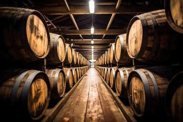 A shot from inside the ale factorys storage area reveals towering stacks of solid wooden barrels. The barrels seem weathered, bearing marks and stains from years of use, giving an impression
