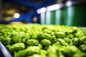 An upclose shot of a row of vibrant and aromatic hops neatly displayed in containers, showcasing the brewerys commitment to using only the freshest and highest quality ingredients in their