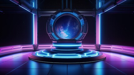3D illustration of sci-fi product podium showcase in empty spaceship room with blue earth background. Blue and pink neon color tone.