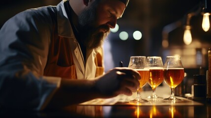 A detailed image of a brewer carefully inspecting the clarity and color of a sample of beer in a glass, using a professional tasting paddle and his trained eye to ensure consistency and
