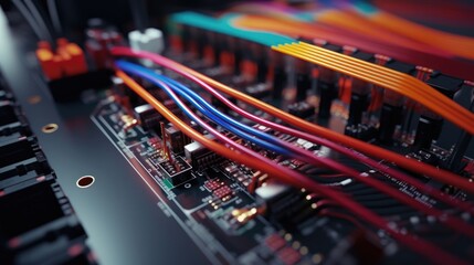 Detailed shot of a wire harness being carefully routed and secured onto a PCB, with various colored wires indicating different connections.