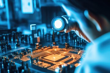 A worker using a magnifying visor to inspect a populated PCB for any defects or anomalies, ensuring topquality assembly.