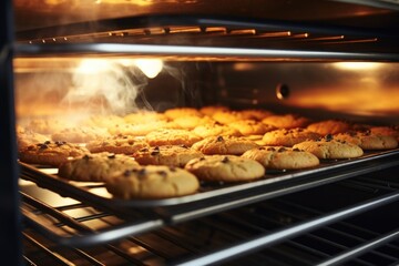 Closeup shot of a steaming hot oven, with rows of goldenbrown cookies gently baking on trays.