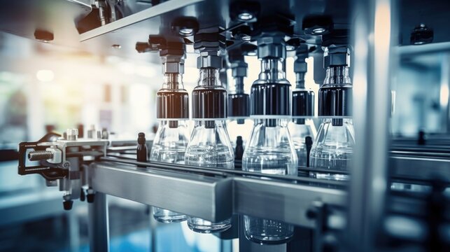 Closeup shot of a stateoftheart bottling machine, precisely filling multiple bottles simultaneously, with a background display indicating the speed and volume of production.