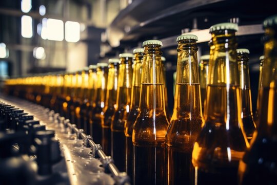 Focusing on the bottling line, the scene captures a moment when empty beer bottles are quickly being transported by a mechanized conveyor belt. Robotic arms are poised and ready to fill