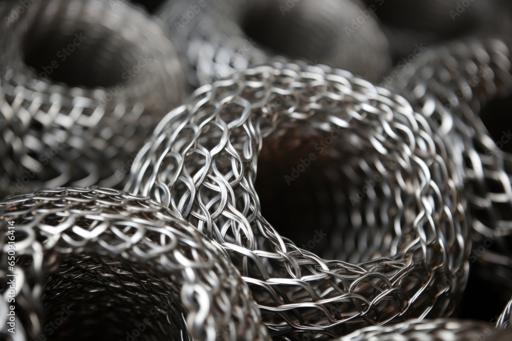 Aufkleber detailed image showing the transformation of raw steel into intricate wire mesh, with several spools