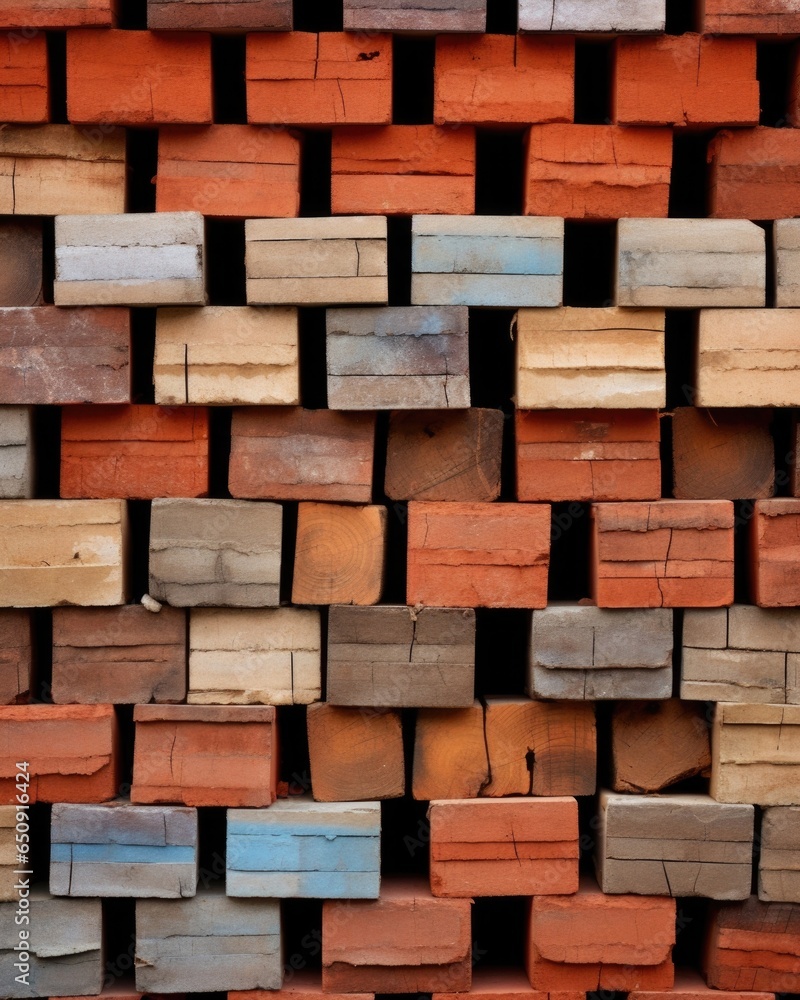 Poster closeup shot of a pallet stacked high with neatly arranged bricks, showcasing their varying shapes, 