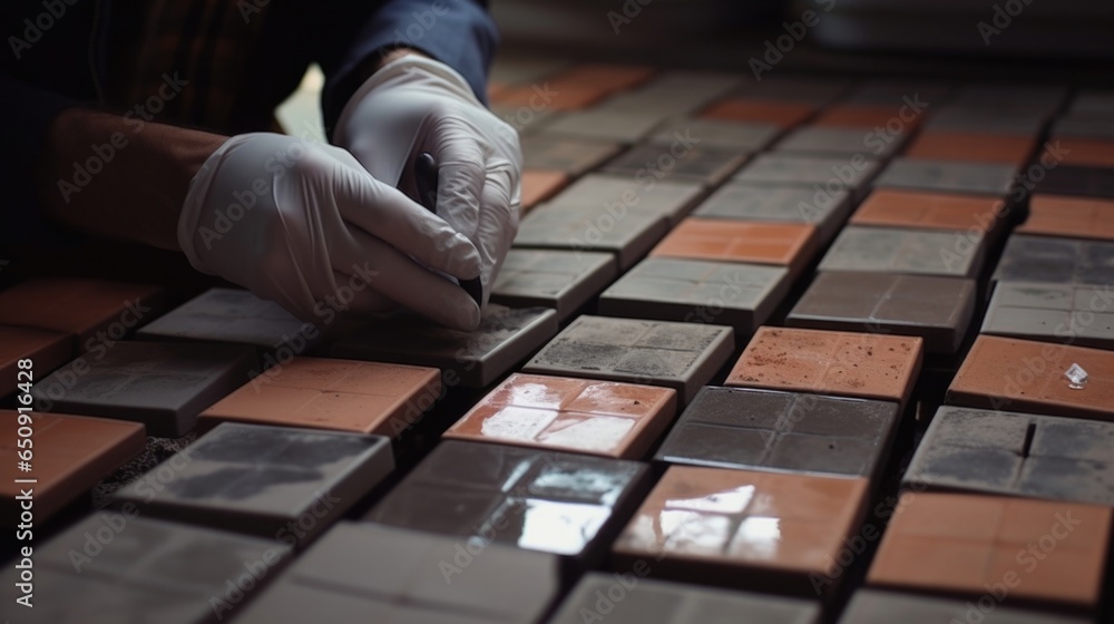 Poster zoomedin shot of a worker carefully inspecting a batch of fired tiles, using a magnifying glass to c