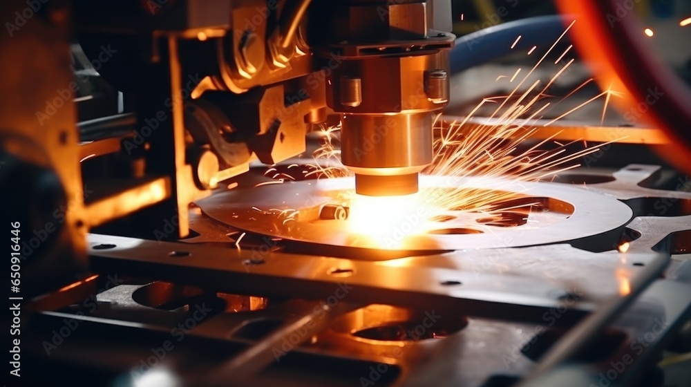 Poster macro image of a specialized welding machine precisely joining two metal components together, creati